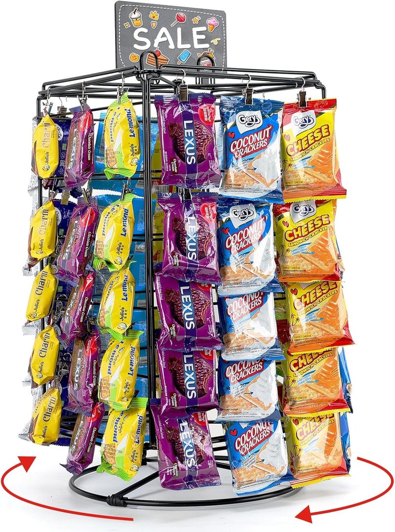 vefix Chip Rack Display Stand, 5 Tiers 60 Clips Snack Retail Display Rack, 360° Rotation Snack Bar Station for Concession Stand, Snack Organizer, Candy Display, Chip Holder for Party, Countertop - Image 1